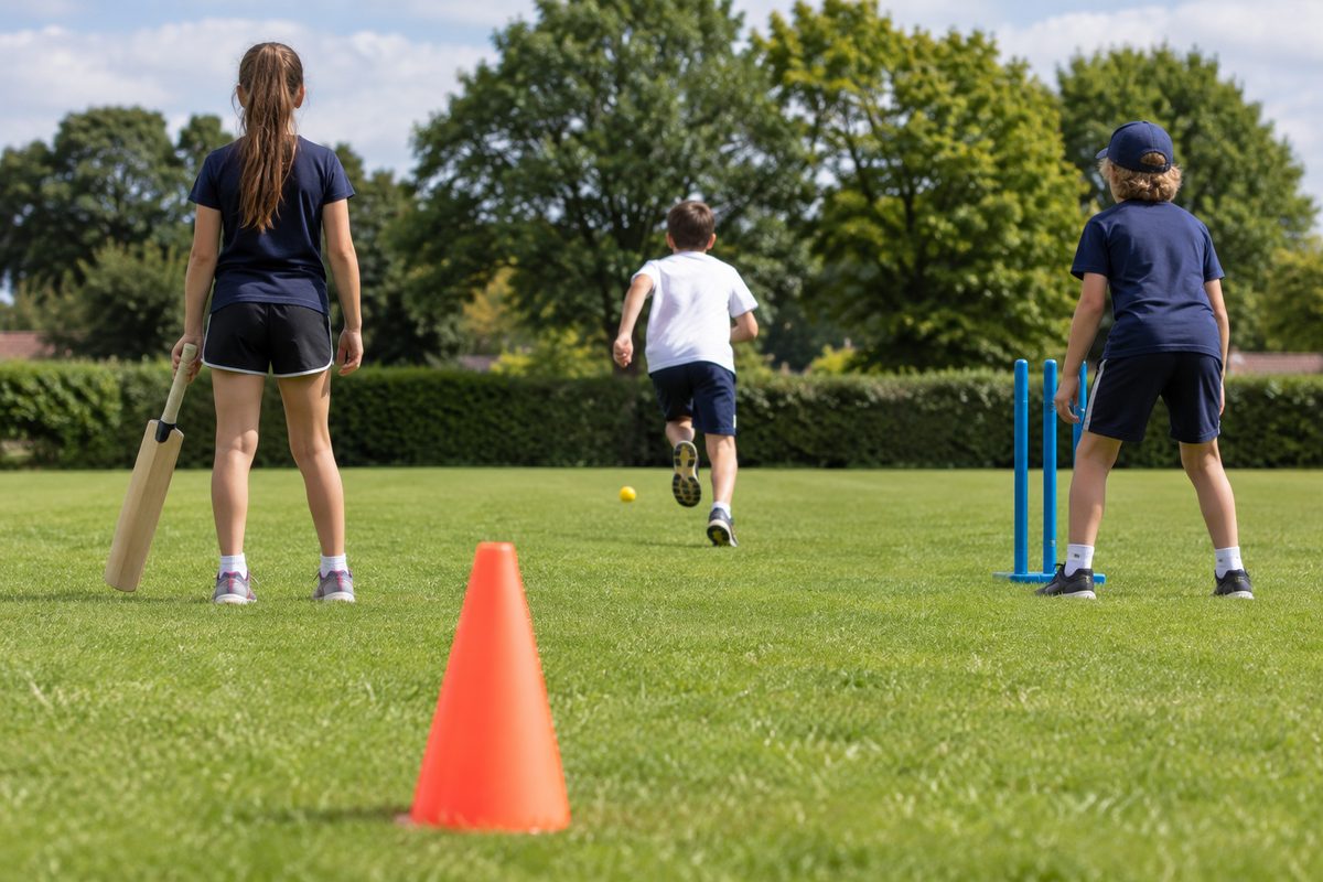 Children playing cricket with a bat, ball and stumps on a playing field