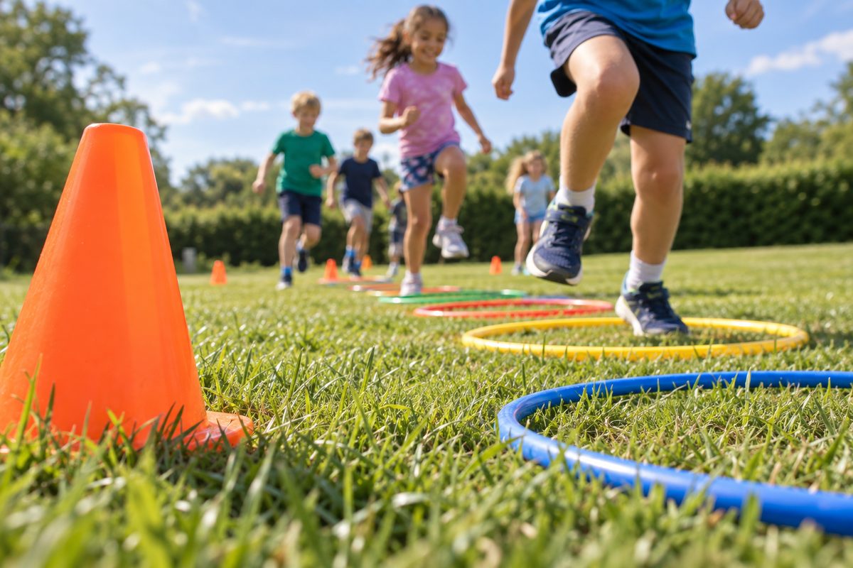 Children running through cones and hoops set out on a playing field